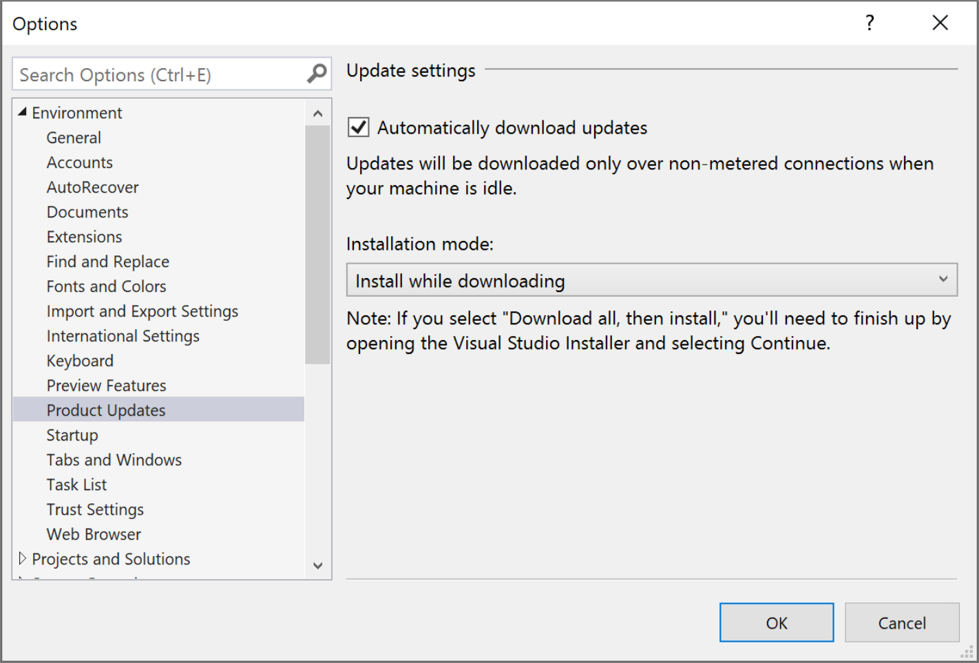 Visual Studio の更新プログラムの設定を示すスクリーンショット。