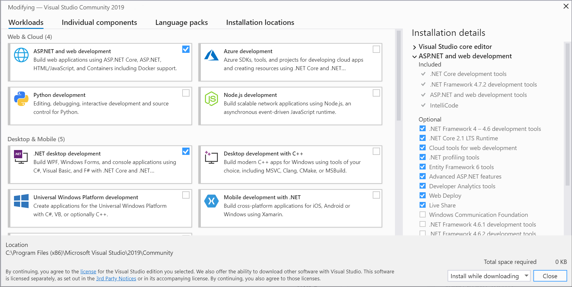 Visual Studio インストーラーの [ワークロード] タブを示すスクリーンショット。