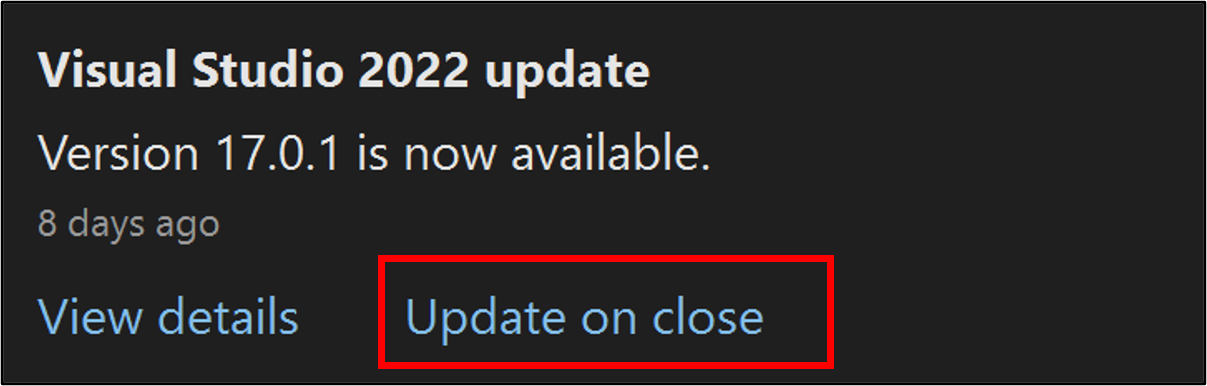 更新プログラム通知メッセージ ボックスの [Update on Close]\(閉じるときに更新\) オプションを示すスクリーンショット。