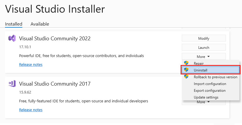 [その他] メニューから [アンインストール] が選択されている Visual Studio 2022 のインストール済みバージョンを示すスクリーンショット。