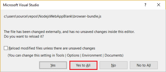 変更されたファイルを読み込むかどうかを示すプロンプトを示すスクリーンショット。