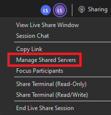 Screenshot that shows the share session drop-down list with Manage Shared Servers selected.