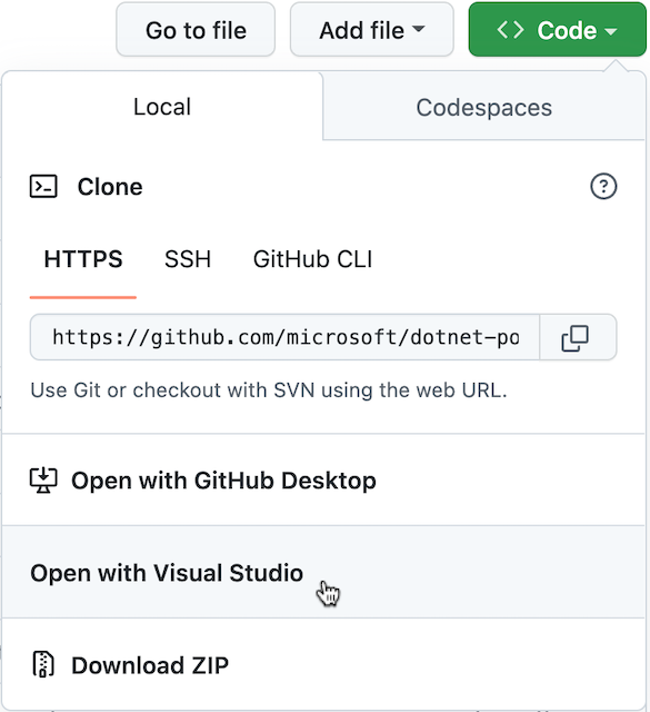Clone menu on GitHub, with cursor over the Open in Visual Studio link.