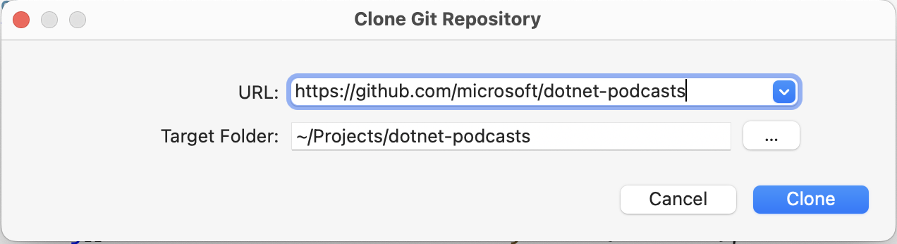 Clone dialog shown in Visual Studio for Mac, with a URL field set to the URL of the Git repo. A Target Folder path includes a file path. Cancel and Clone buttons are shown, with the Clone button set as the default button.
