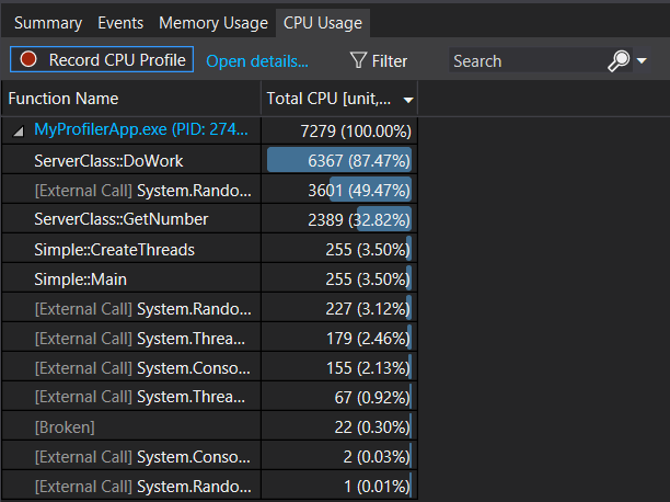 [診断ツール] の [CPU 使用率] 関数の一覧を示すスクリーンショット。