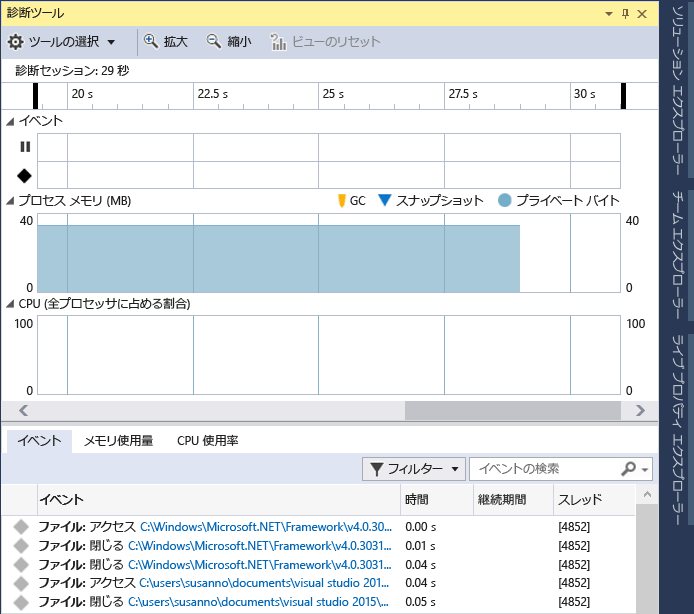 Visual Studio デバッガーの [診断ツール] ウィンドウのスクリーンショット。メモリと CPU 使用量のイベント タイムラインとグラフが表示されています。