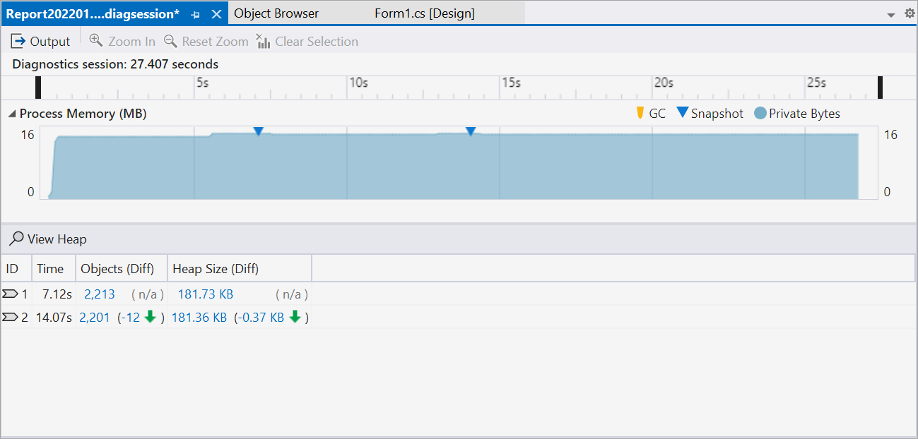 Screenshot of the overview page in the Memory Usage tool in the Visual Studio Performance Profiler, showing a memory usage graph and two snapshot panes.