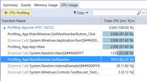 Diagnostic Tools CPU Usage view