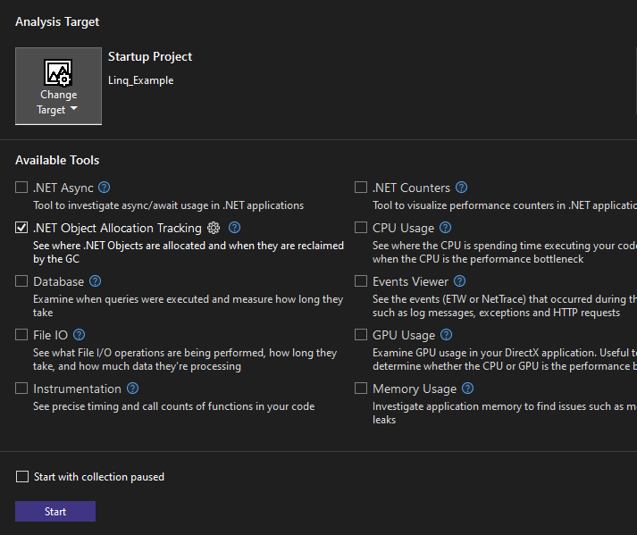 Screenshot of the Dotnet Object Allocation Tracking tool selected.