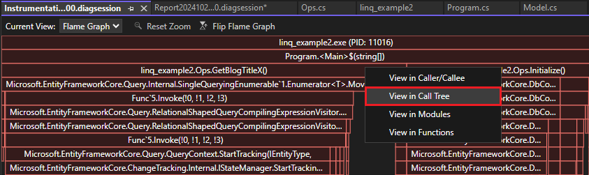 呼び出しツリーで表示する Flame Graph オプションを示すスクリーンショット。