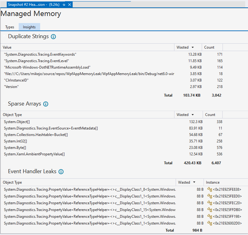 Screenshot of Managed memory insights.