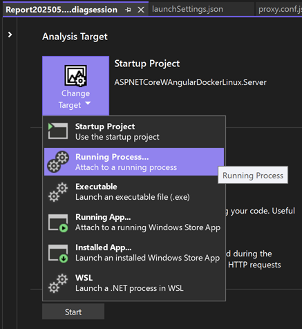 実行中のプロセスを選択するスクリーンショット。