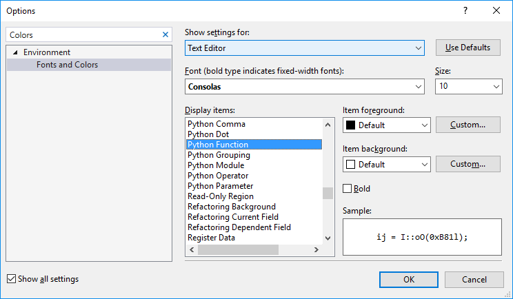 Visual Studio の [フォントおよび色] オプションを示すスクリーンショット。