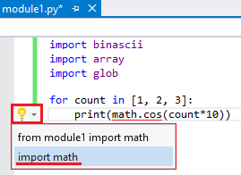 Screenshot that shows the smart tag for an identifier that needs an import statement added in Visual Studio 2019.