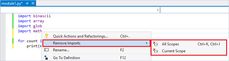Screenshot that shows how to access the Remove Imports menu in Visual Studio 2019.