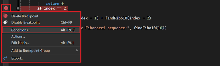 Visual Studio でブレークポイントの条件を設定するオプションを選択する方法を示すスクリーンショット。