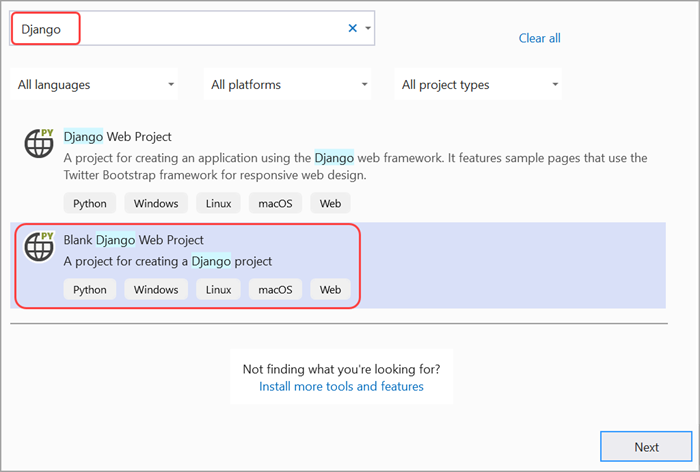 New project dialog in Visual Studio for the Blank Django Web Project.