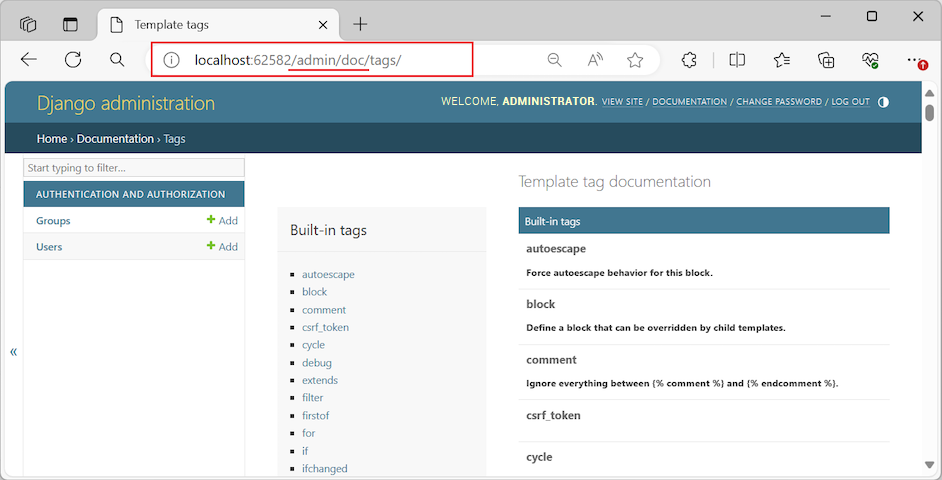 Django Web アプリで認証されたスーパー ユーザーの Django ドキュメントのページ ビューの例を示すスクリーンショット。