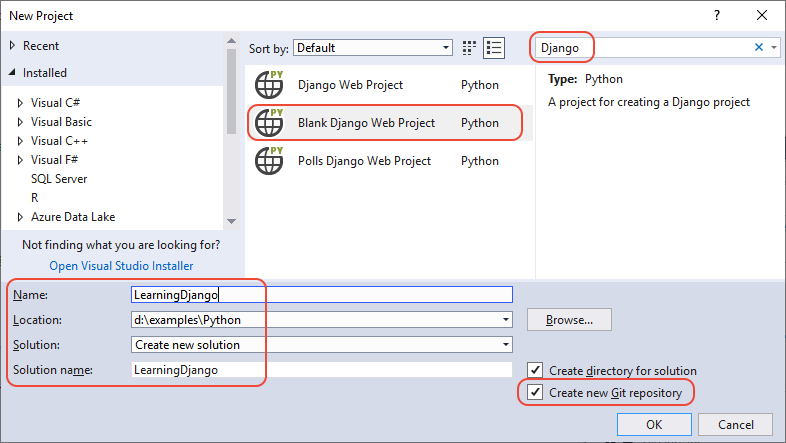 Visual Studio での空の Django Web プロジェクト用の [新しいプロジェクト] ダイアログ ボックス