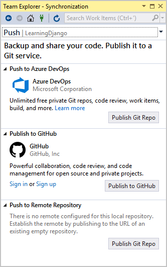 Team Explorer window showing available Git repository options for source control