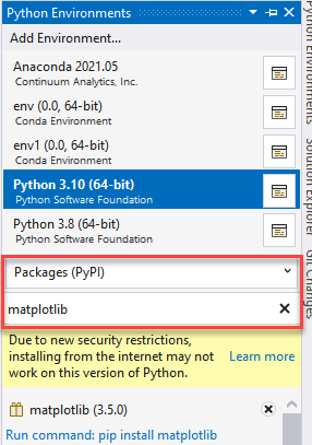 Installing matplotlib in the environment-2022 in Packages tab