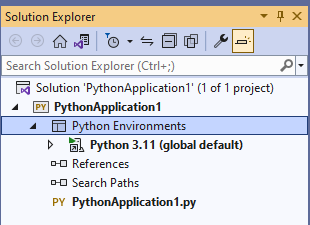 ソリューション エクスプローラーに表示される既定のグローバル Python 環境
