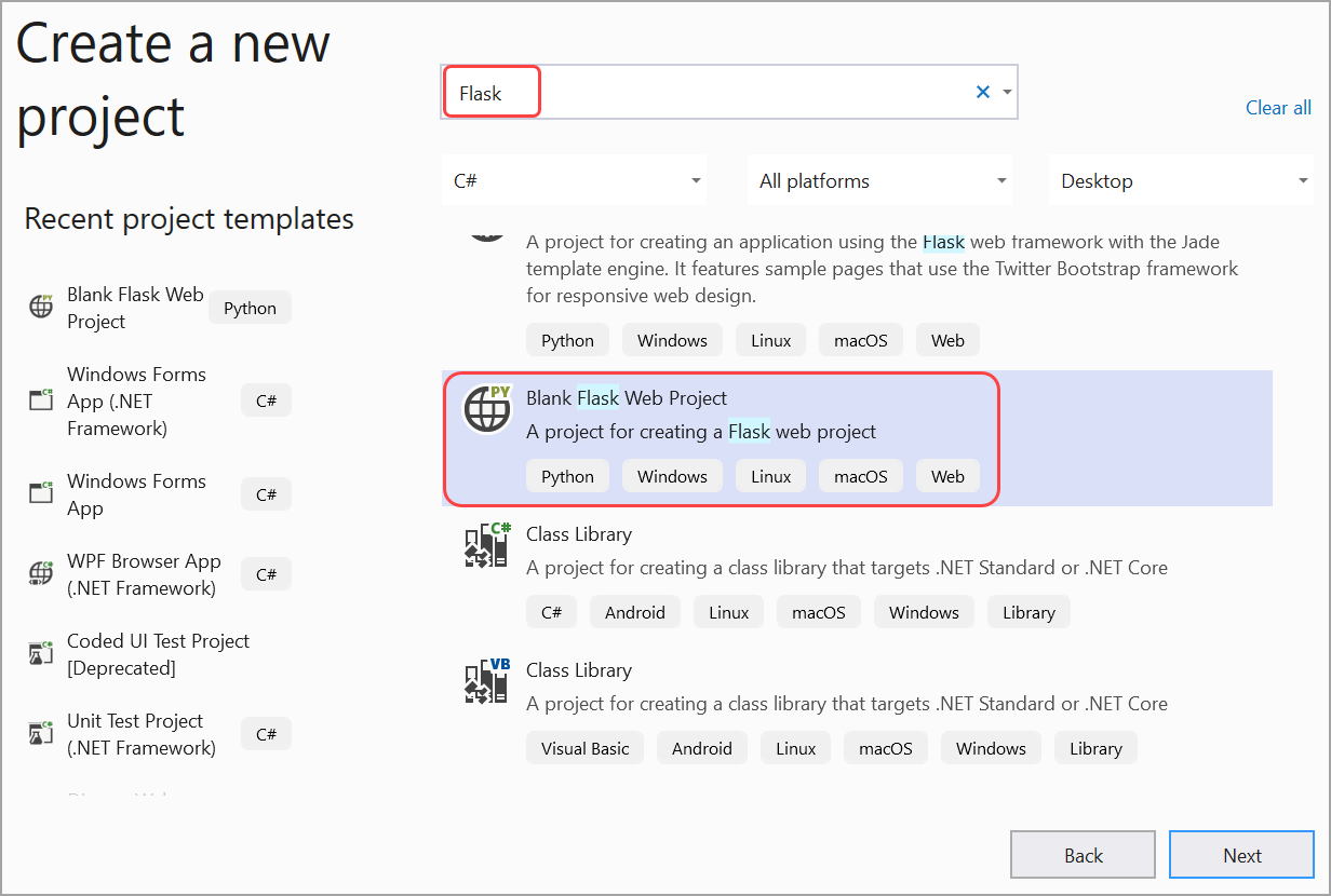 VS 2022 New project dialog in Visual Studio for the Blank Flask Web Project