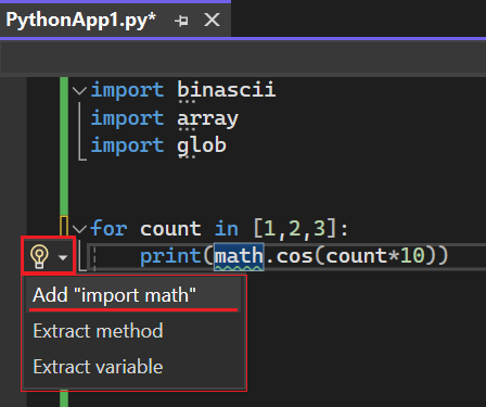 Screenshot that shows the smart tag for an identifier that needs an import statement added in Visual Studio 2022.
