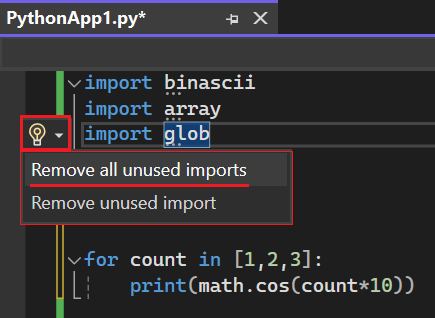 Screenshot that shows how to access options to remove unused imports in Visual Studio 2022.