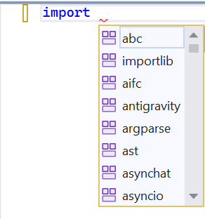 IntellSense showing available modules for an import statement
