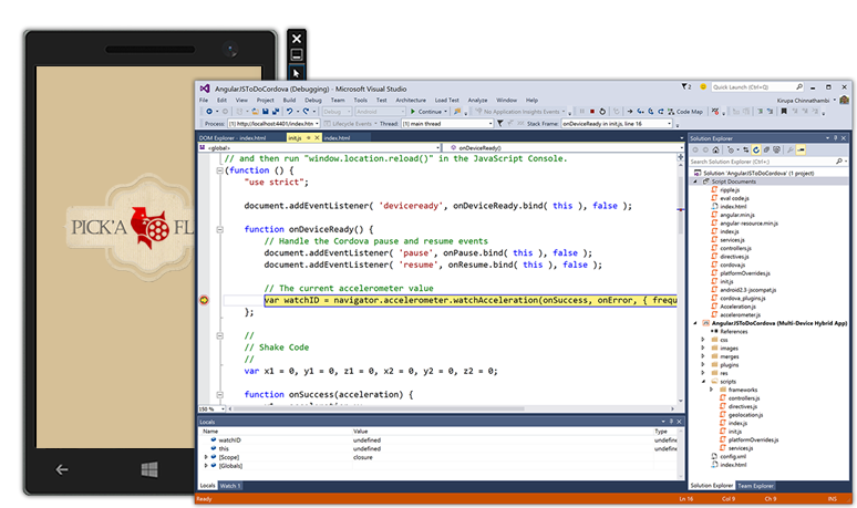 Visual Studio Tools for Apache Cordova を使用したデバッグ