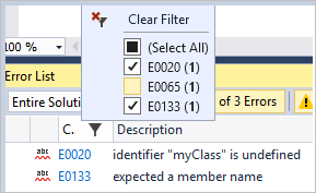 フィルター処理されたエラー 一覧