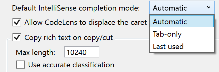 IntelliSense completion mode setting