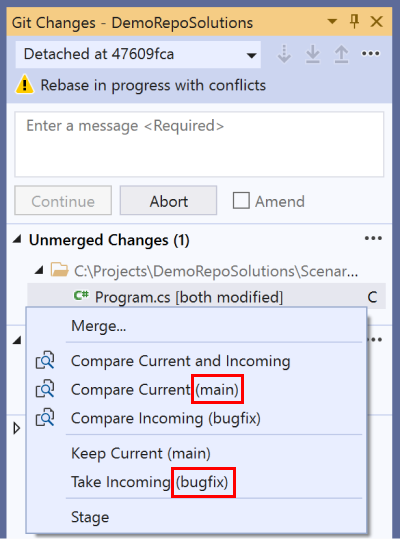 Context menu when resolving conflicts displays the branch names.