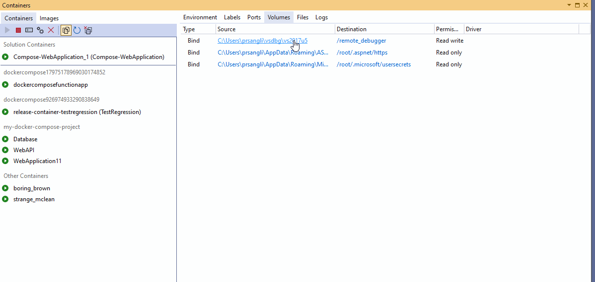 Container Volumes tab