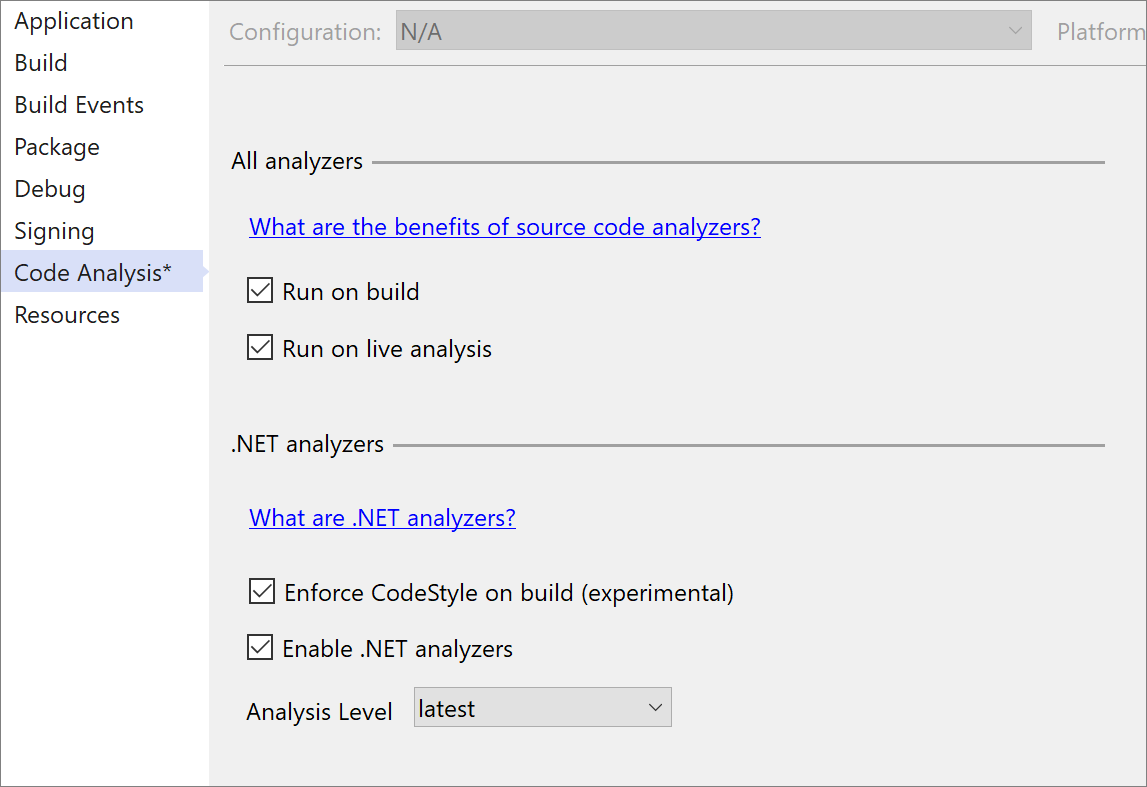 Project Properties window to enable .NET Code Style Analyzers