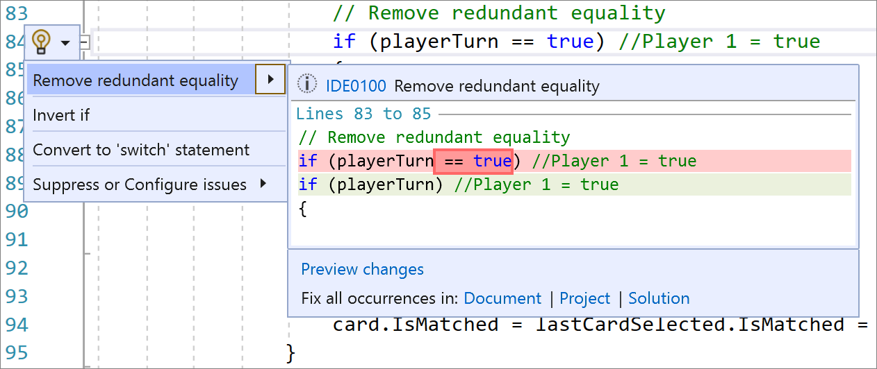 Remove redundant equality expressions code fix