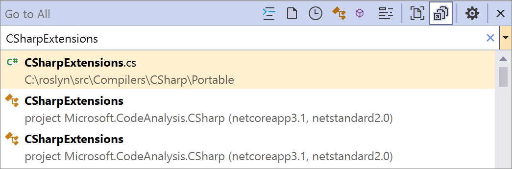 Go To All will not display duplicate results across netcoreapp3.1 and netcoreapp2.0