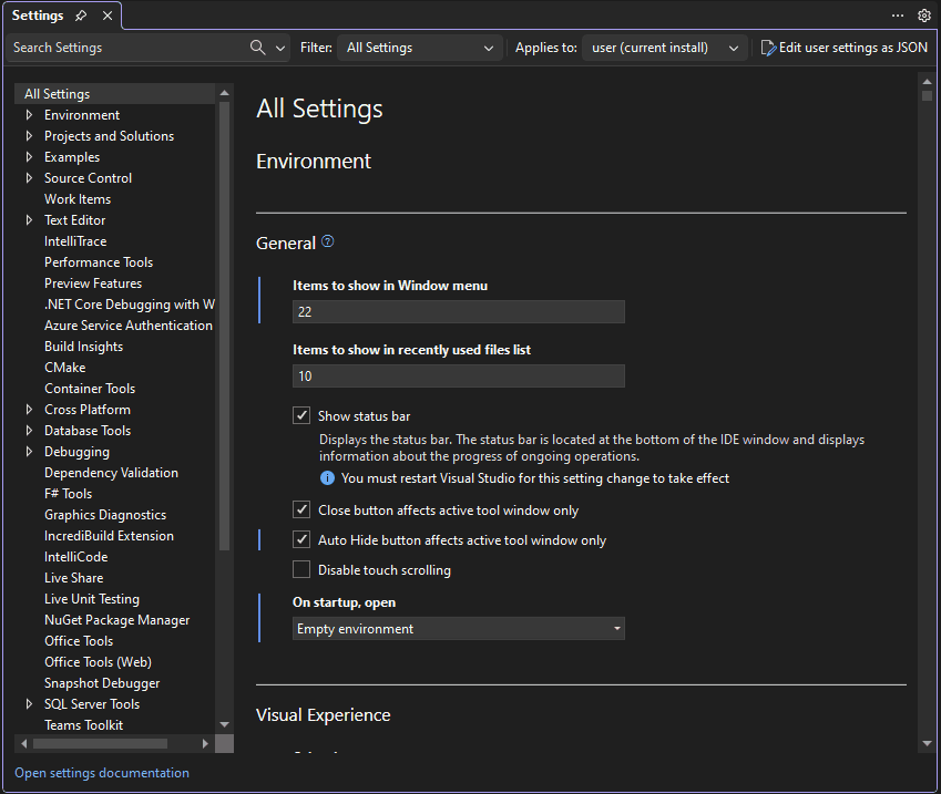 Visual Studio の新しい設定 UI の歯車アイコン メニューを示すアニメーション