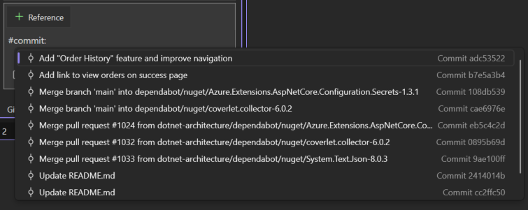 「#commit」と入力すると、最近のコミットのドロップダウンが表示されます