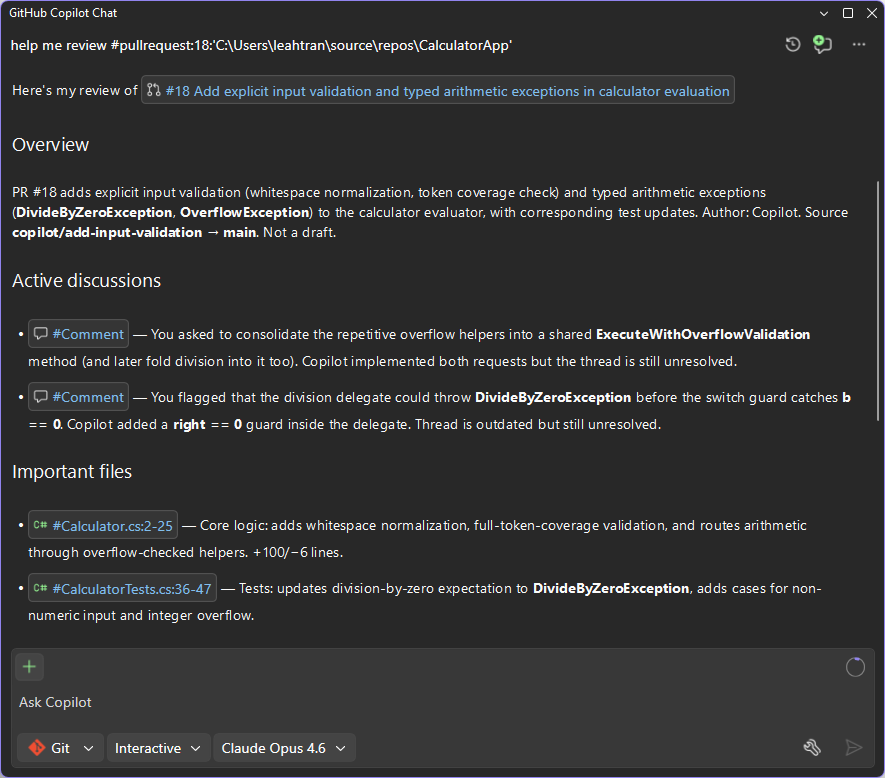 プル要求ビューでファイルを開く Git エージェント応答のナビゲーション可能なリンク