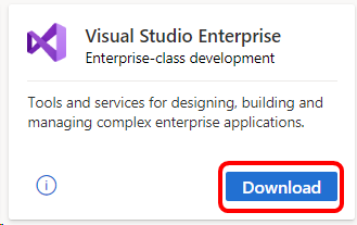 [Visual Studio Enterprise] タイルとそれに付随する [ダウンロード] ボタンのスクリーンショット。