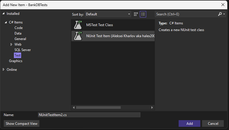 [新しい項目の追加] ウィンドウのスクリーンショット。