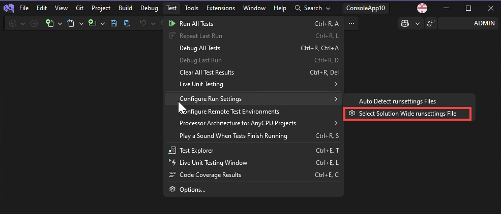Visual Studio の [テスト ソリューション全体の runsettings ファイルの選択] メニューのスクリーンショット。