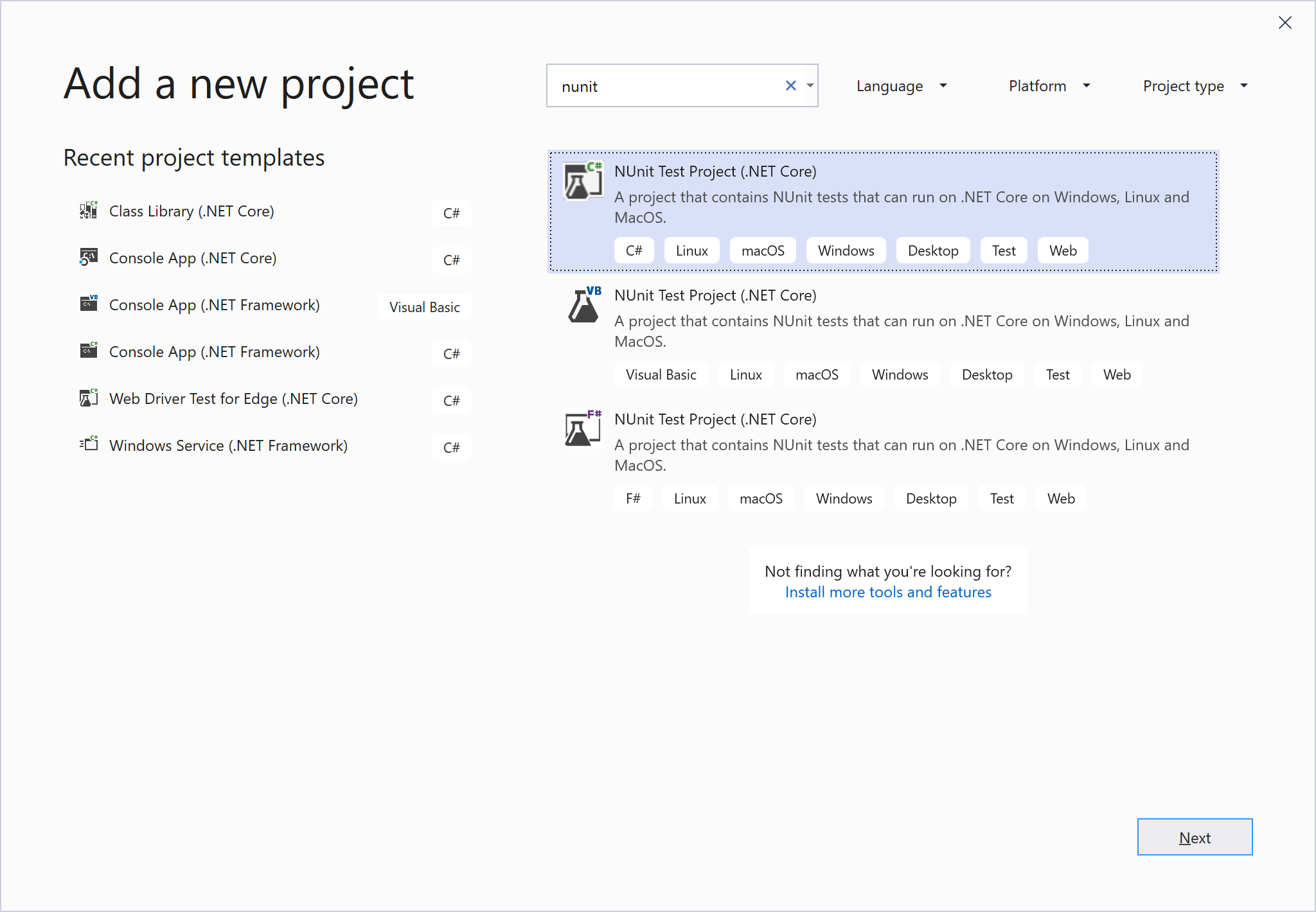 Visual Studio 2019 の NUnit テスト プロジェクト テンプレート