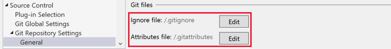 Screenshot that shows the section to view and edit the Ignore and attributes files in your repository.