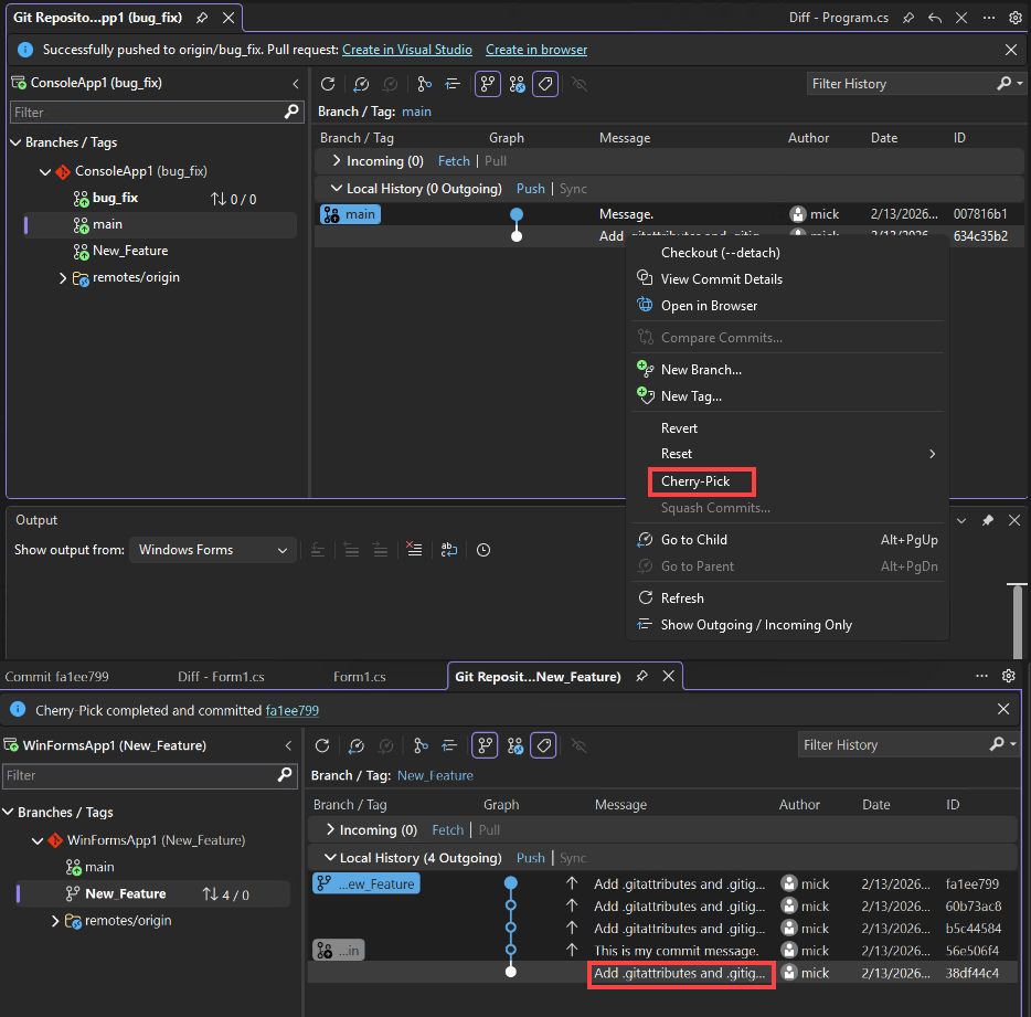 Visual Studio でのチェリー ピックのスクリーンショット。