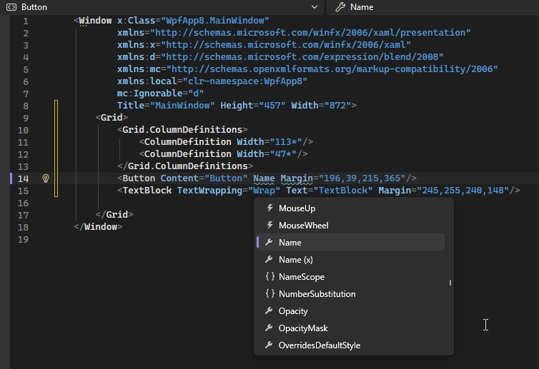 XAML ビューを示すスクリーンショット。