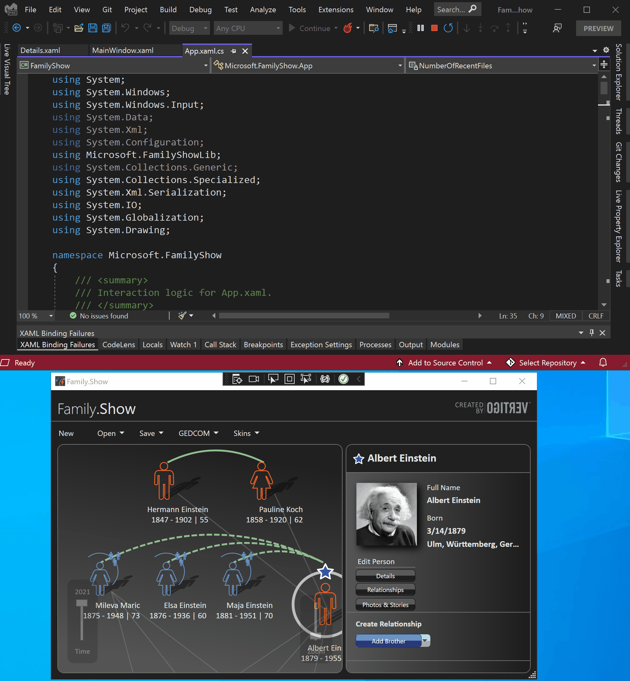 ライブ ビジュアル ツリーのソース コードを開き、XAML ホット リロードを使用して UI 要素を変更するアニメーション。