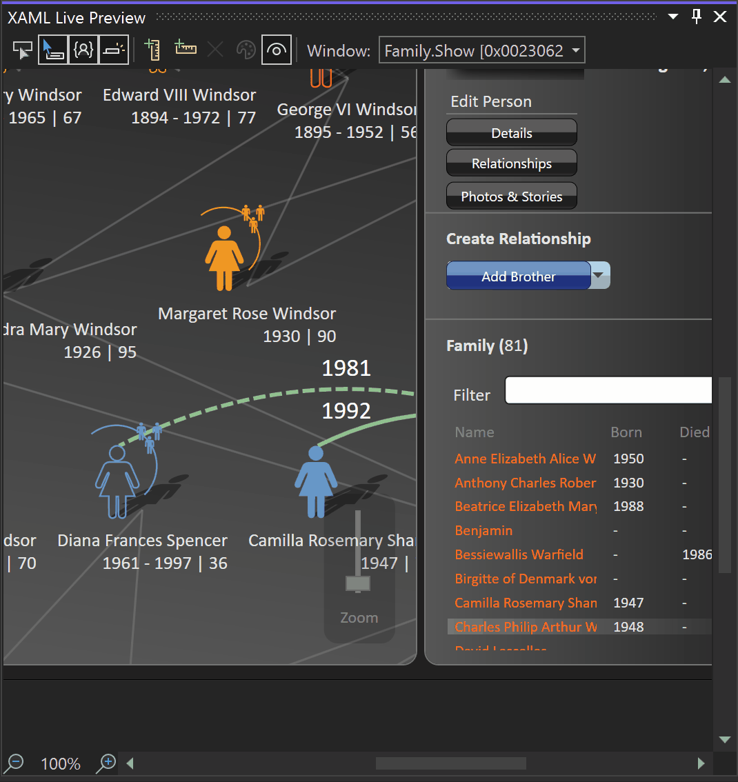 An animation of the element selection action in XAML Live Preview.